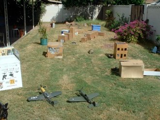 Temp buildings and airfield established in Ethan’s backyard.