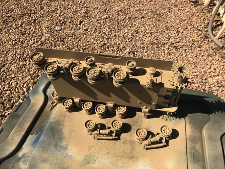 I have assembled 15 HVSS chassis now and currently building this one from spares and recycled parts. Just managed to find everything I need! Quick Rustoleum Tan Base coat.