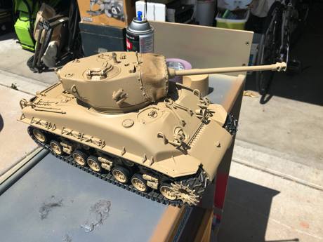 I added a base coat of Rustoluem camouflage Sand. (This is where I realized I forgot to mask the bare metal portion of the gun tube common on T-23 turrets...