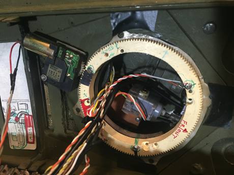 Custom turret ring used a small ring gear and motor but their is a problem.  The ring is out of round and fails to purchase the teeth of the turret ring, Several teeth are broken. To the drawing board!