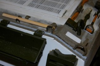 Once again old photo-etch runners and wood handles added.  This tank will get the overall OD on the tools as that is most common.