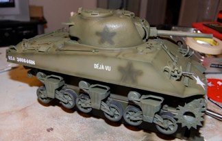 The request was to “copy Dorothy” but I wanted to make a few subtle differences.  I marked the same unit as my Great Uncles (7th armored, 4oth Tank battalion) and named it Deja-Vu for obvious reasons.  I masked the painted out star regions and used Tamiya OD.