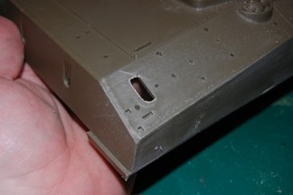 Other removal items include the Vent Grousers on the rear deck.  FActory M4a3 hulls did not have the Vent as they were equipped with a Ford Gaa v-8 500hp engine.  I used a razor saw to cleanly remove the cover.