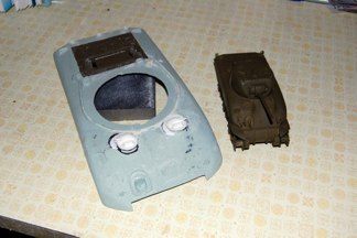 The Hull was a write off due to warping and a few other blemishes so I replaced the engine deck with the leftover part from my original Easy Eight conversion and began grinding and sanding with my 1/35 scale M4A1 kit as an example.