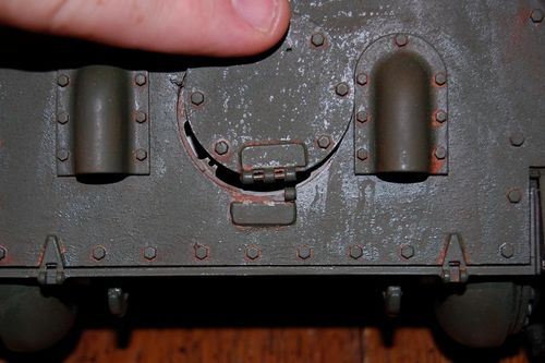Of course, the first time I ran the tank it broke the rear engine hatch off the plastic hinges.  I replaced the hinge with a brass doll house part and bolted it on for strength.