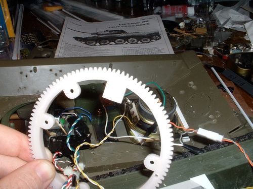 A serious wrinkle developed today when I noticed the turret will not traverse 360.  It has a tab to prevent the WSN kit wires from binding.  I cut new teeth and we are now back in business.