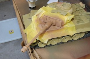 Brown base coat applied to new components in preparation for Tamiya Desert Yellow overcoat.